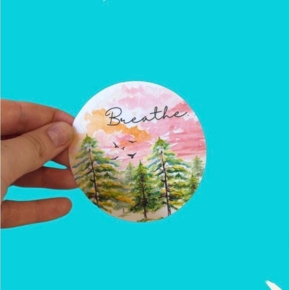 Breathe Watercolor Nature Sticker Circular Pine Trees Sunset Decal Pink Green
